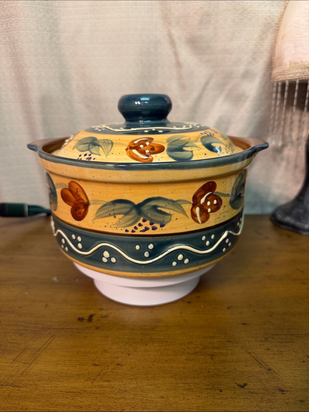 Hand-Painted Yellow & Teal Ceramic Lidded Bowl - Decorative Home Art
